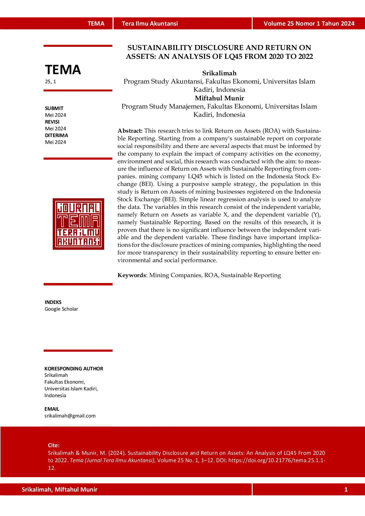 JURIS Sustainability Disclosure and Return on Assets An Analysis of LQ45 from 2020 to 2022
