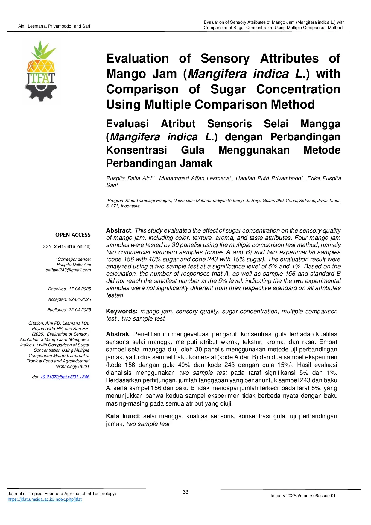 JURIS Evaluation of Sensory Attributes of Mango Jam Mangifera indica L with Comparison of Sugar Concentration Using Multiple Comparison Method