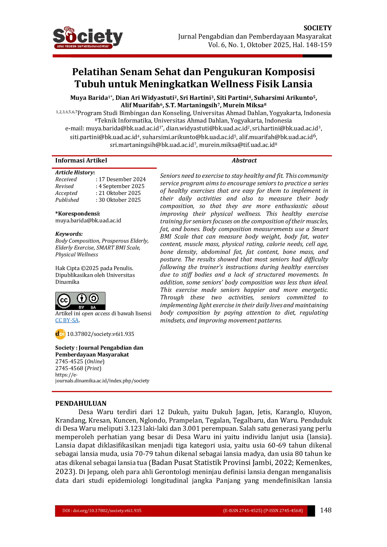 JURIS Pelatihan Senam Sehat dan Pengukuran Komposisi Tubuh untuk Meningkatkan Wellness Fisik Lansia