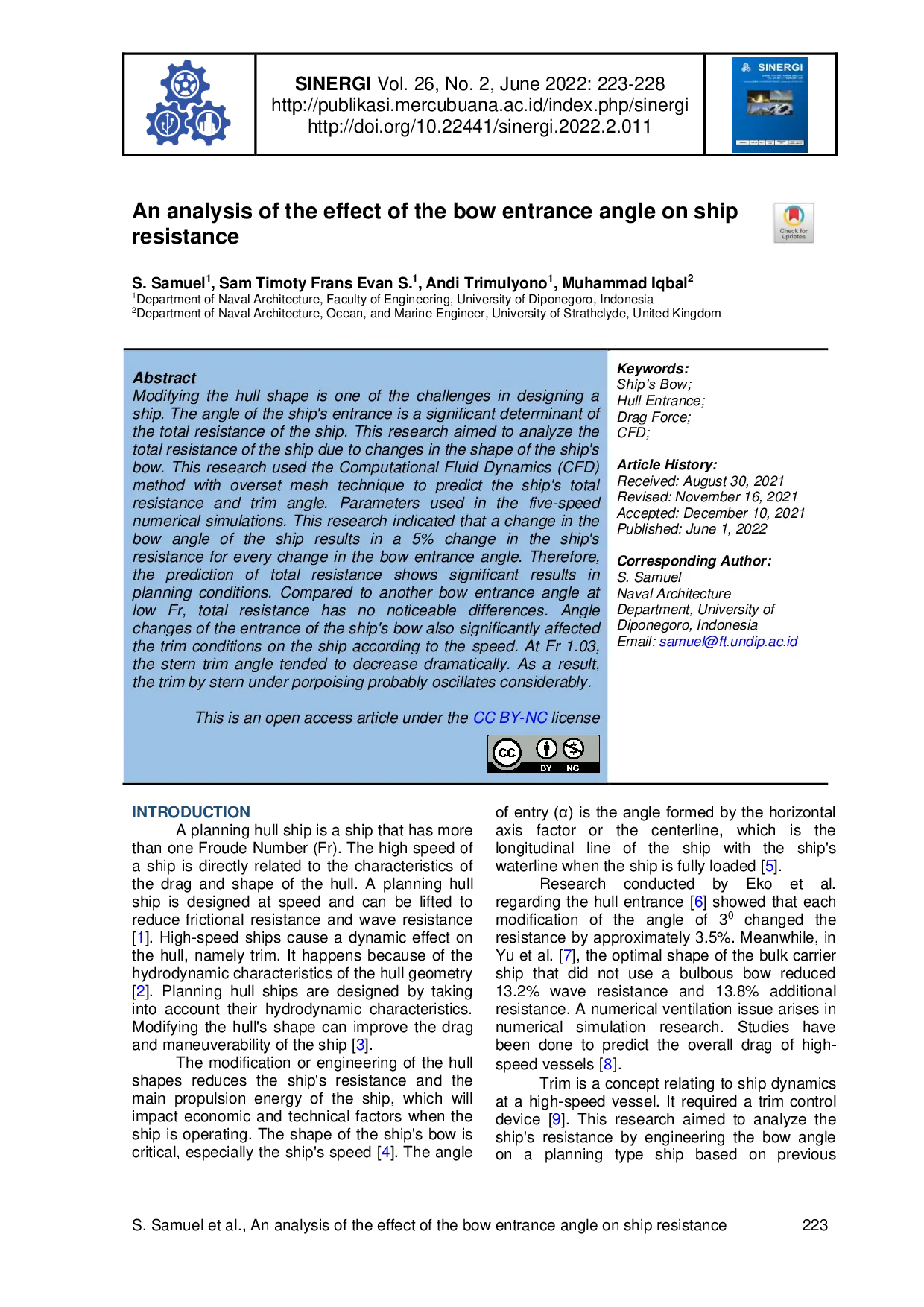 JURIS An analysis of the effect of the bow entrance angle on ship resistance