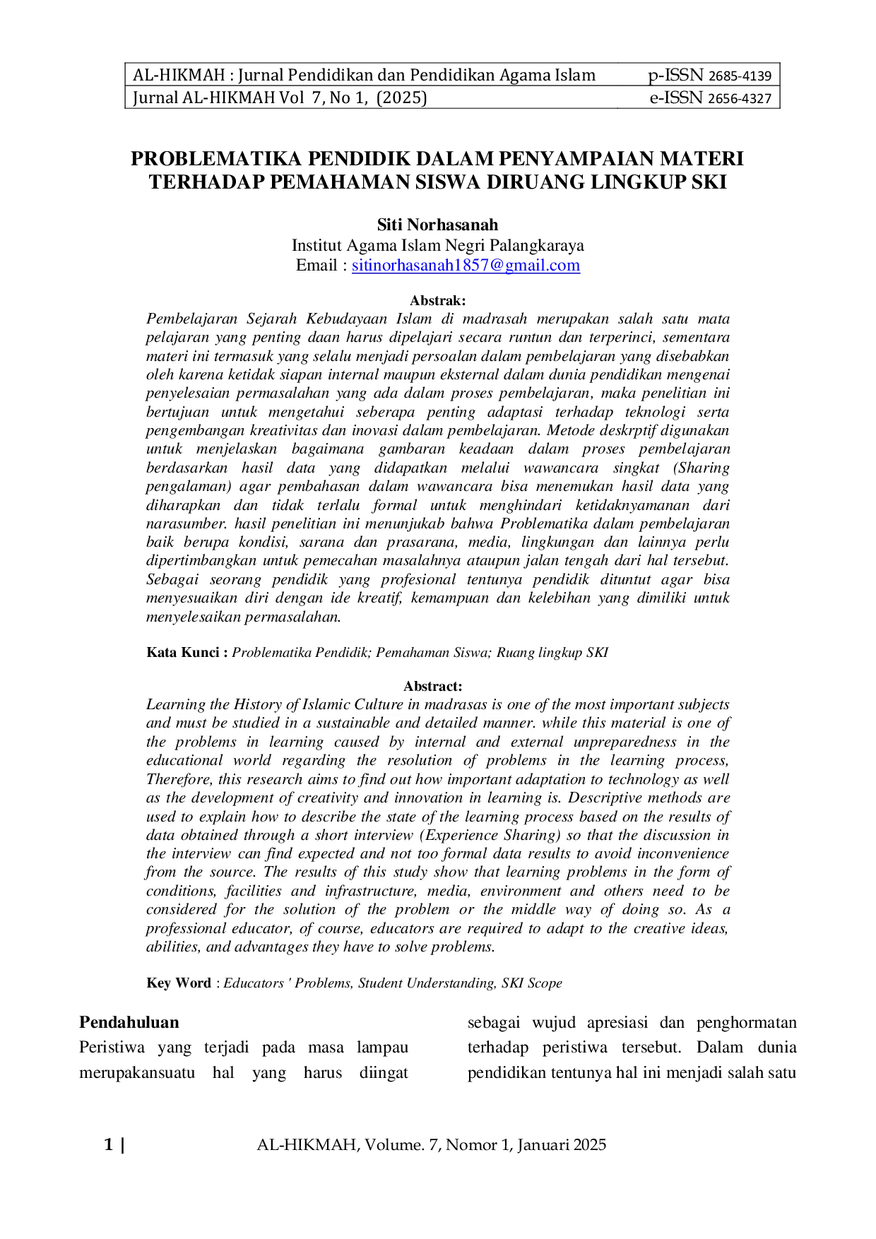 JURIS Problematika Pendidik Dalam Penyampaian Materi Terhadap Pemahaman Siswa Diruang Lingkup SKI