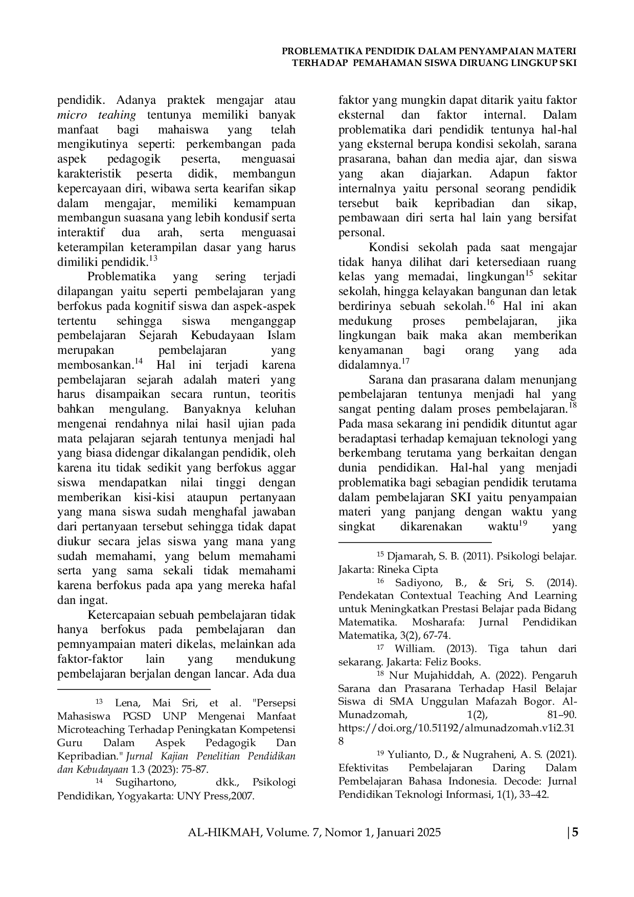 JURIS Problematika Pendidik Dalam Penyampaian Materi Terhadap Pemahaman Siswa Diruang Lingkup SKI