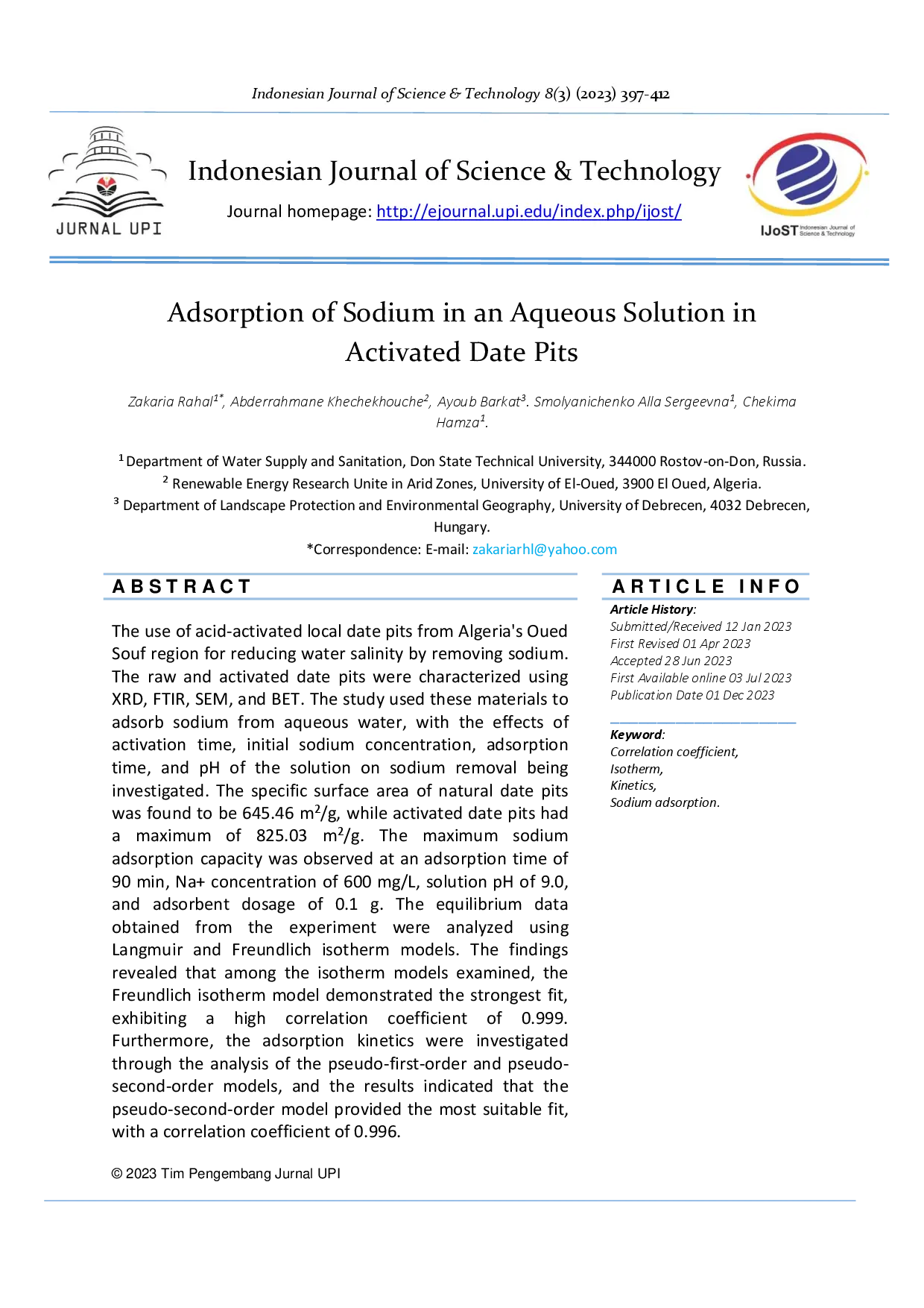 juris Adsorption of Sodium in an Aqueous Solution in Activated Date Pits