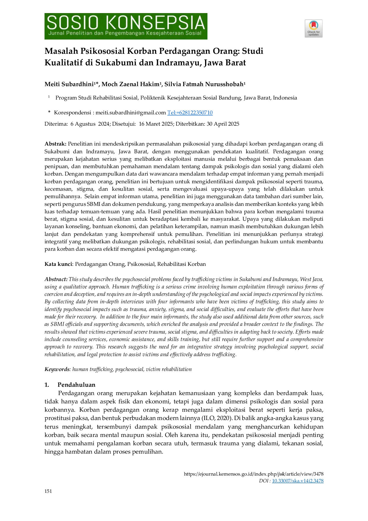 JURIS Masalah Psikososial Korban Perdagangan Orang Studi Kualitatif Di Sukabumi dan Indramayu Jawa Barat