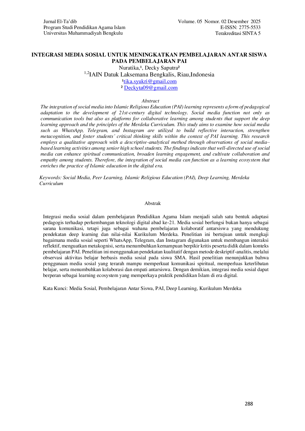 JURIS Integrasi Media Sosial untuk Meningkatkan Pembelajaran Antar Siswa pada Pembelajaran PAI