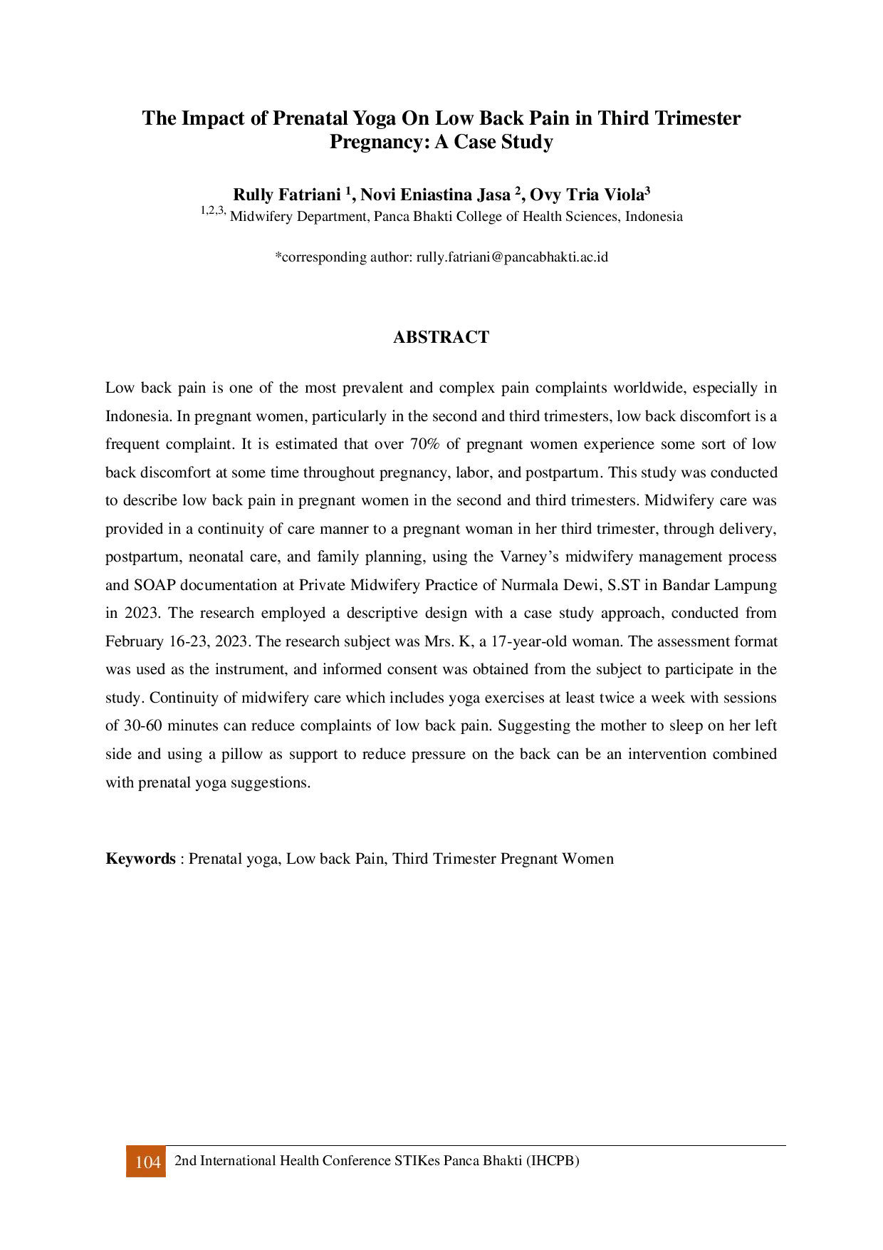 JURIS The Impact of Prenatal Yoga On Low Back Pain in Third Trimester Pregnancy A Case Study