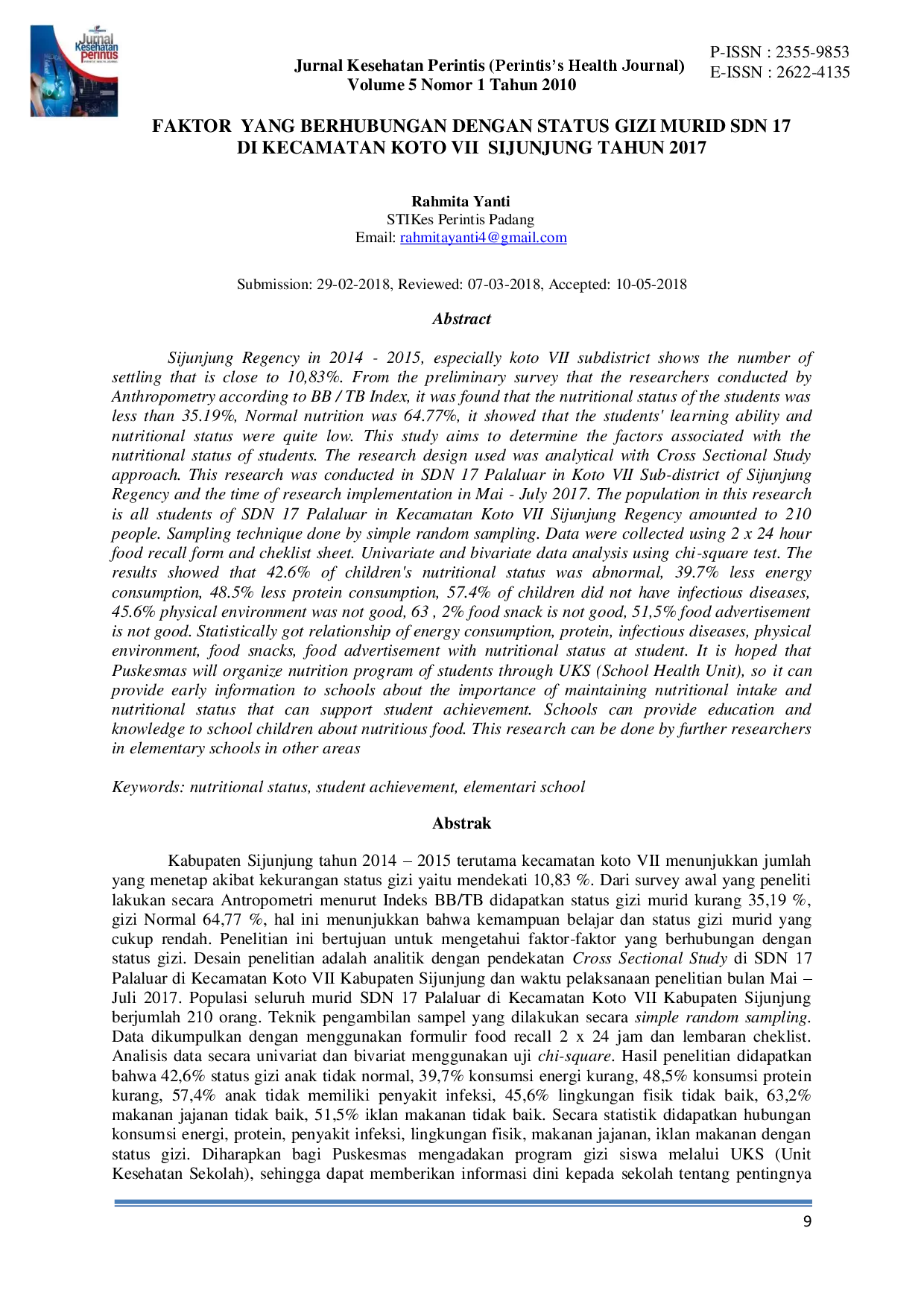 juris Faktor Yang Berhubungan Dengan Status Gizi Murid SDN 17 Di Kecamatan Koto VII Sijunjung Tahun 2017