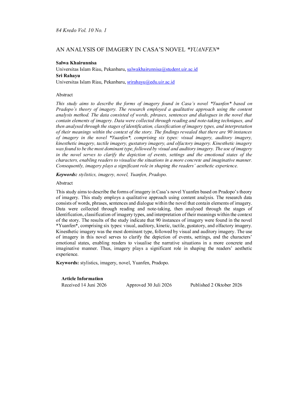 JURIS An Analysis of Imagery in Casa s Novel Yuanfen