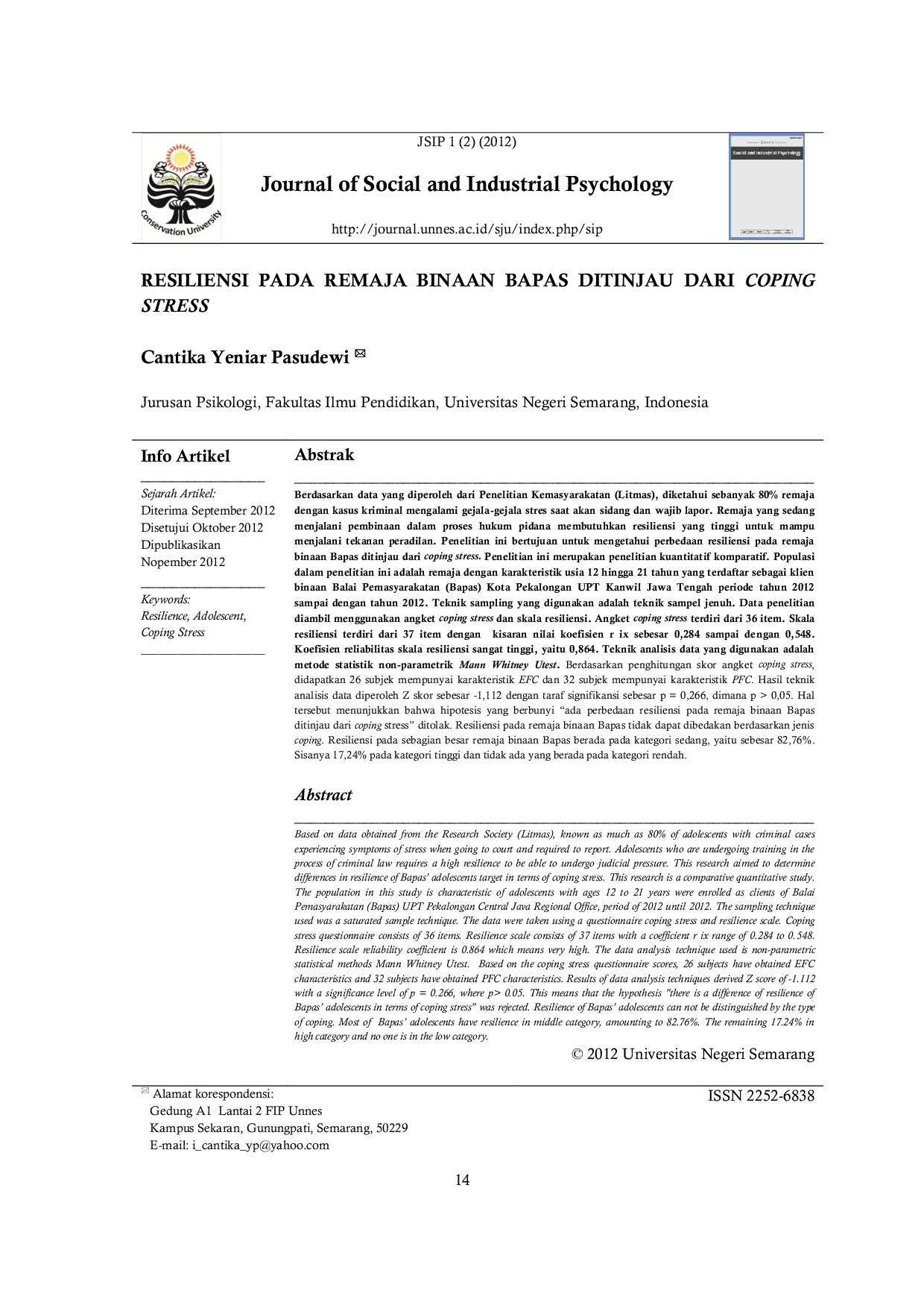 JURIS Resiliensi pada Remaja Binaan Bapas Ditinjau dari Coping Stress