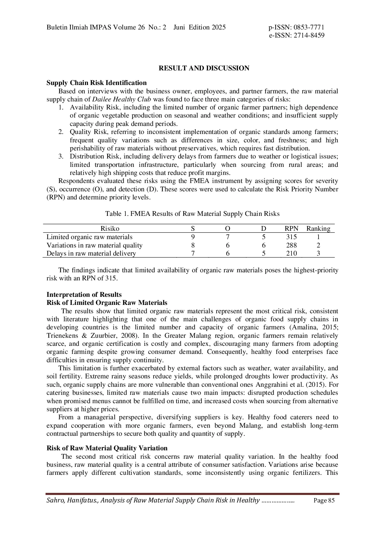 JURIS Analysis of Raw Material Supply Chain Risk in Healthy Food Catering Business Using FMEA