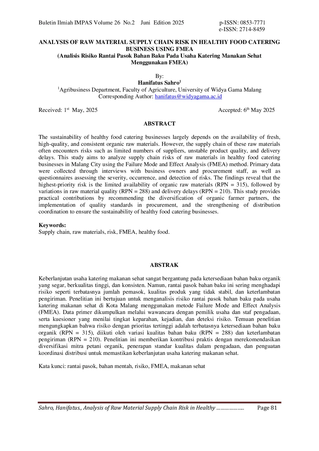 JURIS Analysis of Raw Material Supply Chain Risk in Healthy Food Catering Business Using FMEA