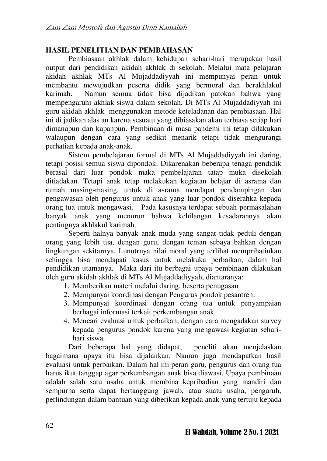 JURIS Strategi Guru Akidah Akhlak Dalam Pembinaan Akhlakul Karimah Pada Pembelajaran Daring Di MTS Al Mujaddadiyyah