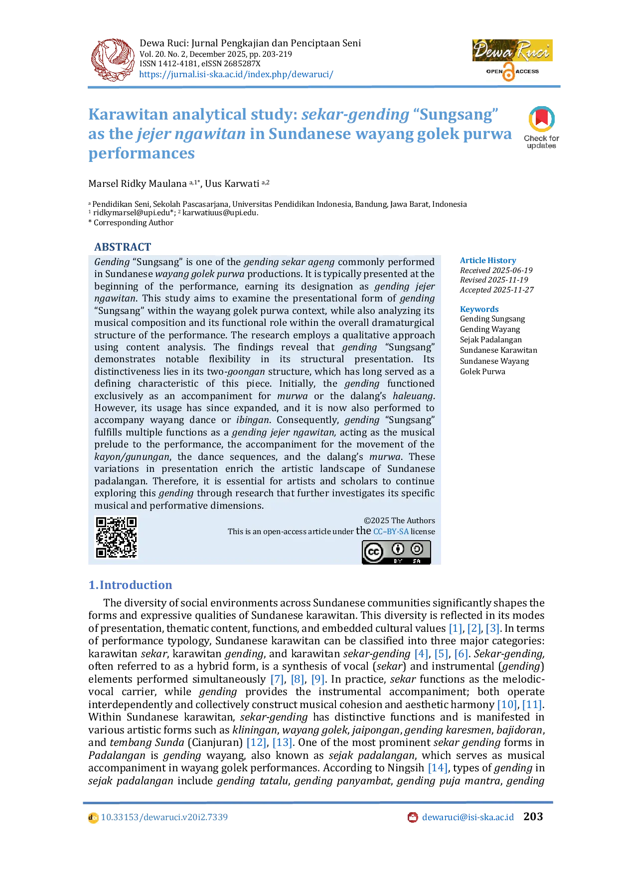 JURIS Karawitan analytical study sekar gending Sungsang as the jejer ngawitan in Sundanese wayang golek purwa performances