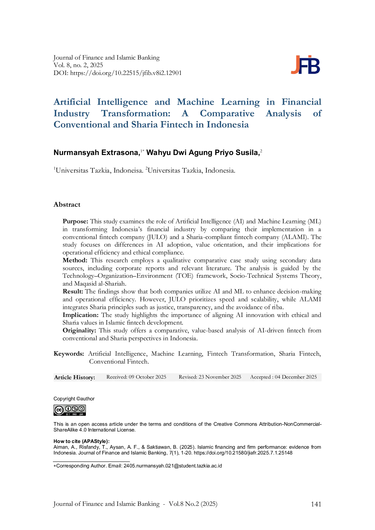 JURIS Artificial Intelligence and Machine Learning in Financial Industry Transformation A Comparative Analysis of Conventional and Sharia Fintech in Indonesia