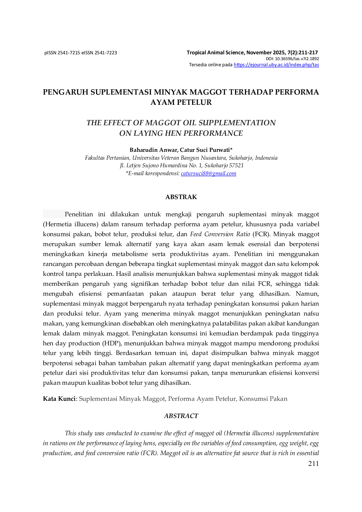 JURIS Pengaruh Suplementasi Minyak Maggot Terhadap Performa Ayam Petelur
