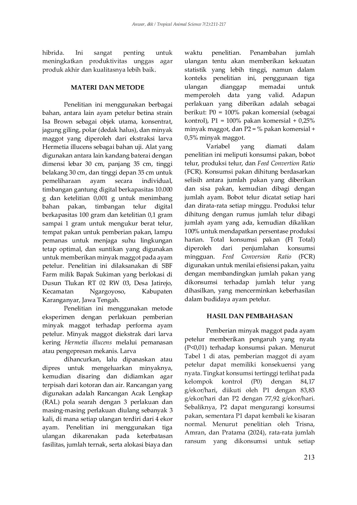 JURIS Pengaruh Suplementasi Minyak Maggot Terhadap Performa Ayam Petelur