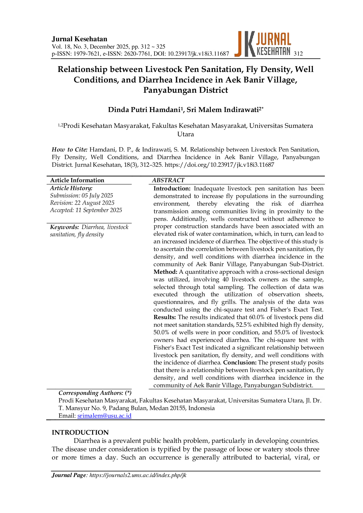 JURIS Relationship between Livestock Pen Sanitation Fly Density Well Conditions and Diarrhea Incidence in Aek Banir Village Panyabungan District