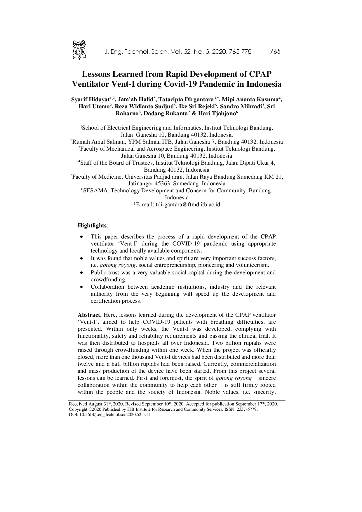 juris Lessons Learned from Rapid Development of CPAP Ventilator Vent I during Covid 19 Pandemic in Indonesia