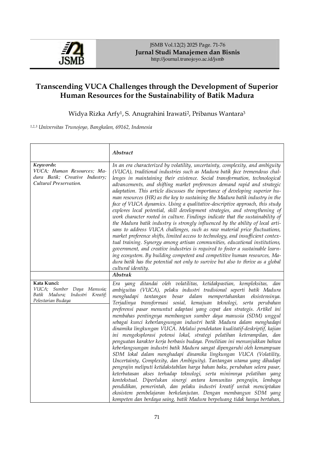 JURIS Transcending VUCA Challenges through the Development of Superior Human Resources for the Sustainability of Batik Madura