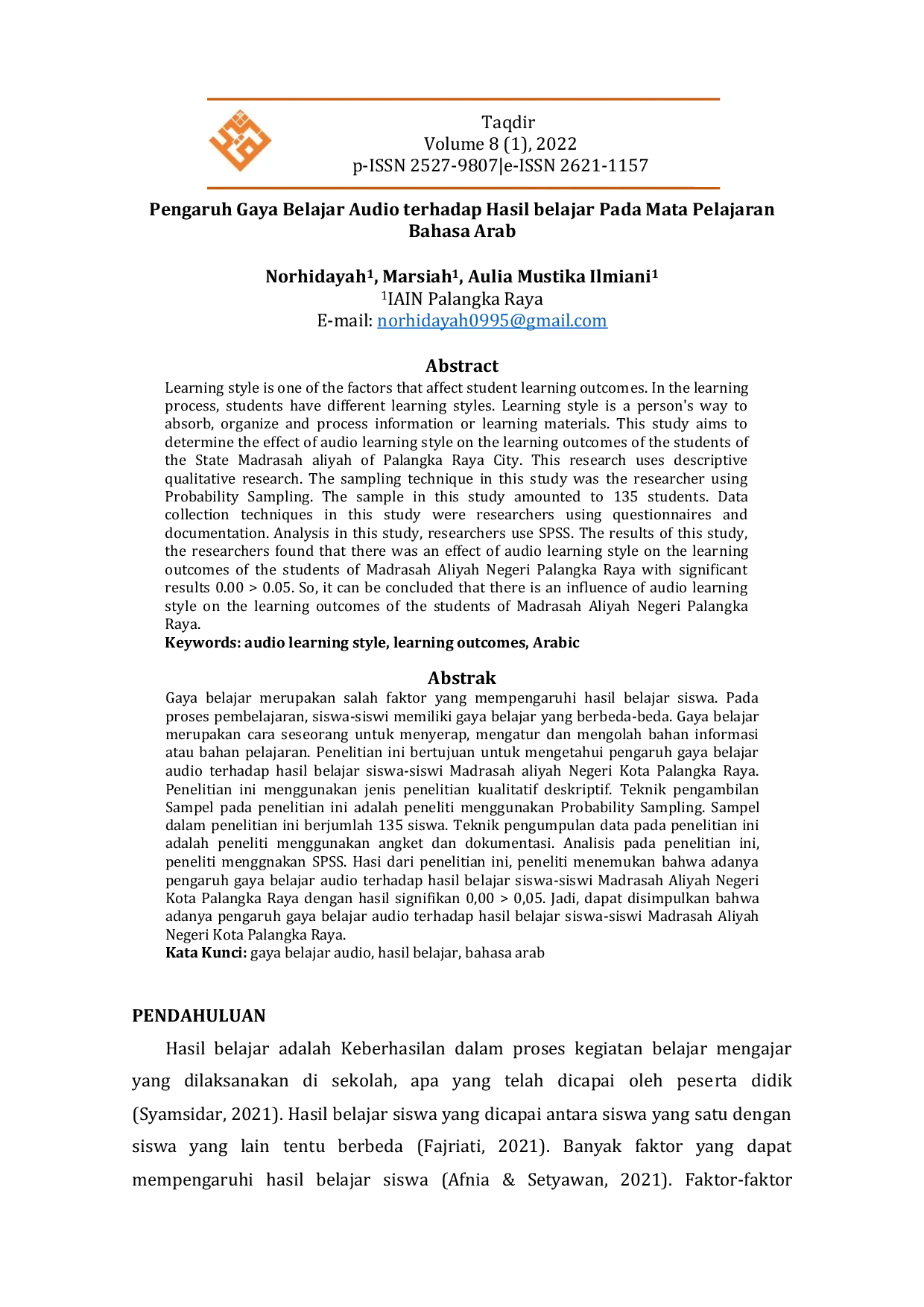 JURIS Pengaruh Gaya Belajar Audio terhadap Hasil belajar Pada Mata Pelajaran Bahasa Arab Pengaruh Gaya Belajar Audio Terhadap Hasil Belajar Pada Mata Pelajaran Bahasa Arab