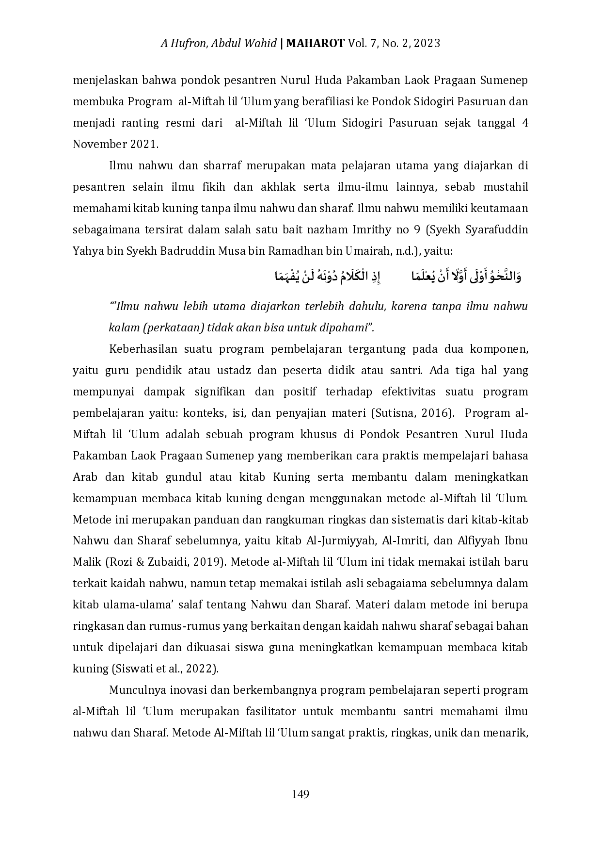 JURIS Implementation of Al Miftah Lil Al Ulum Program in Learning to Read Kitab Kuning at Pondok Pesantren Nurul Huda