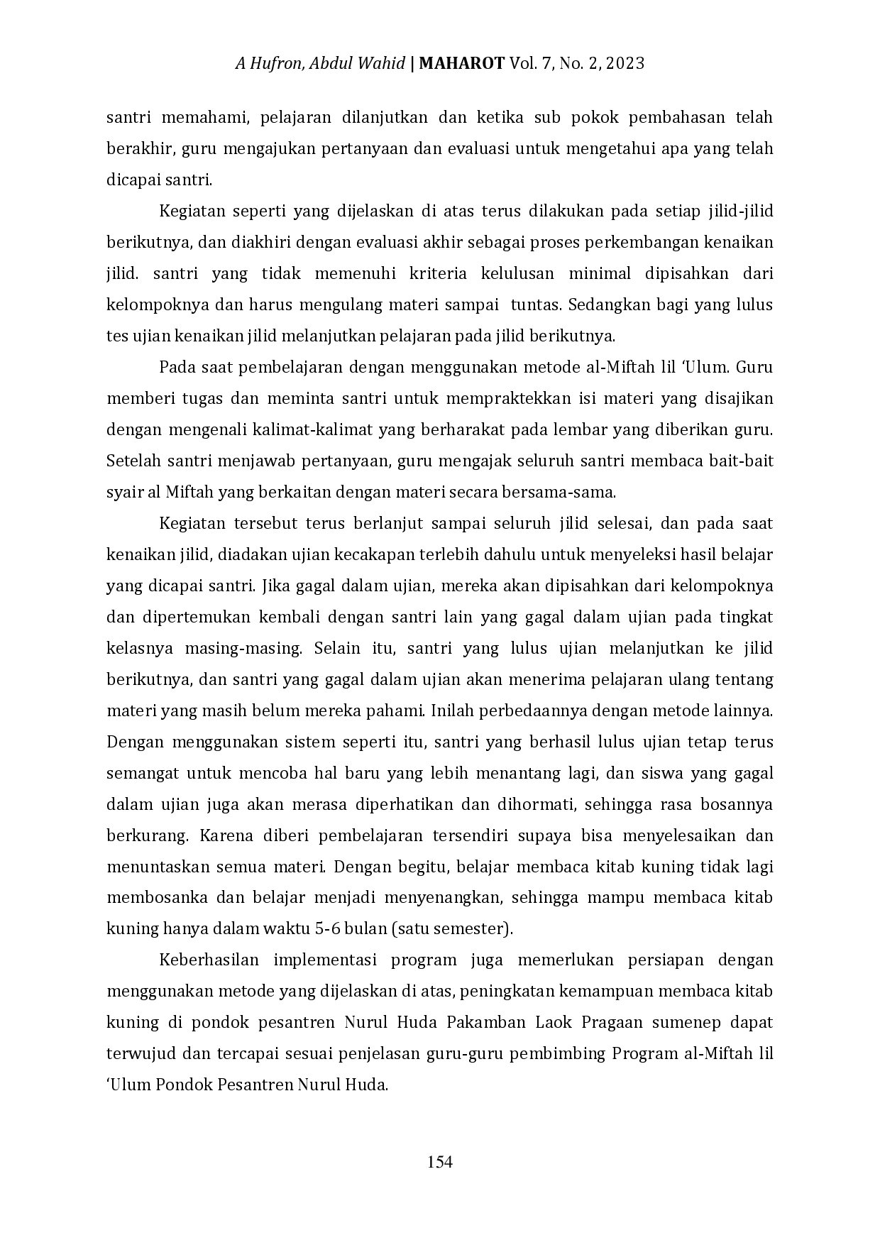 JURIS Implementation of Al Miftah Lil Al Ulum Program in Learning to Read Kitab Kuning at Pondok Pesantren Nurul Huda