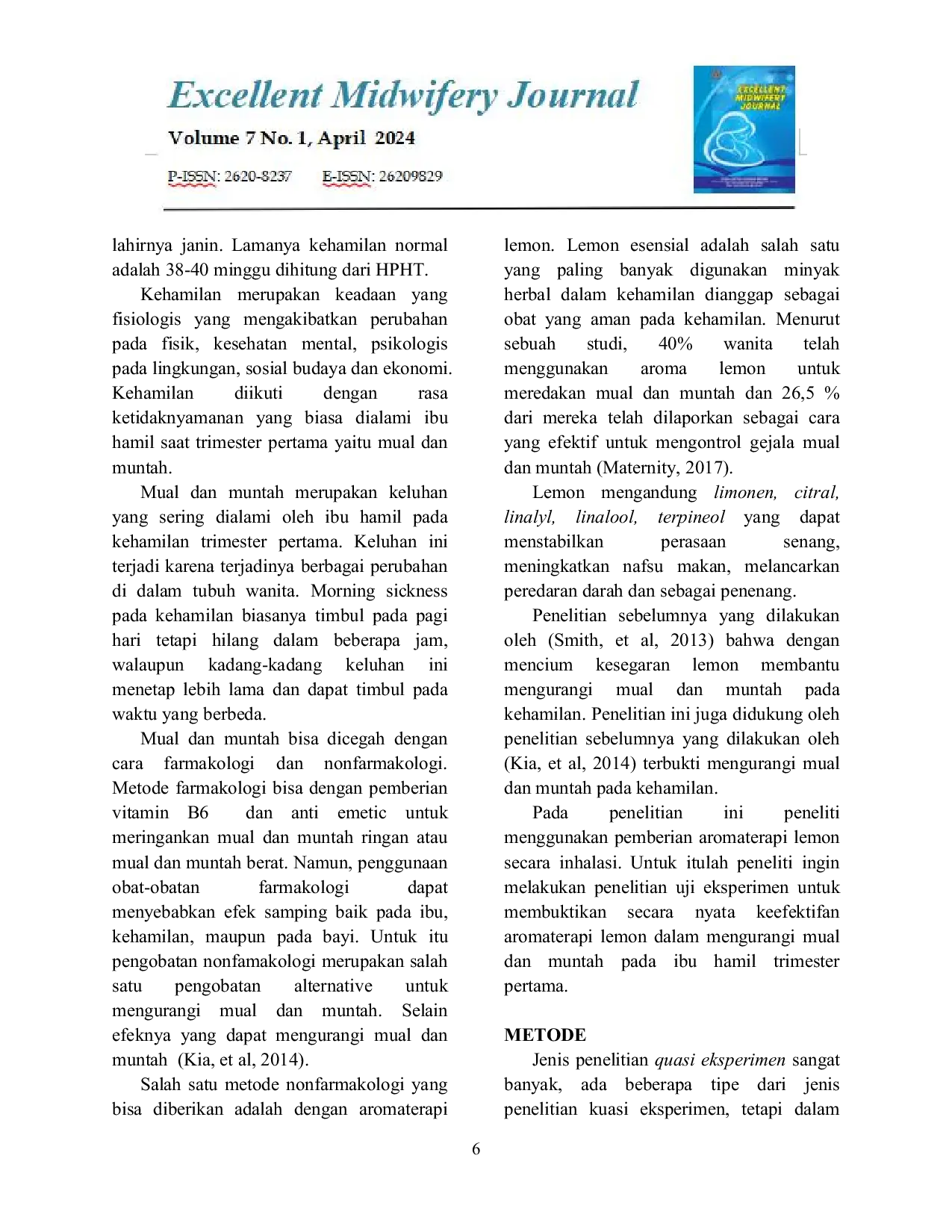 JURIS Efektivitas Aromaterapi Lemon Dalam Mengurangi Mual Dan Muntah Pada Ibu Hamil Trimester Pertama