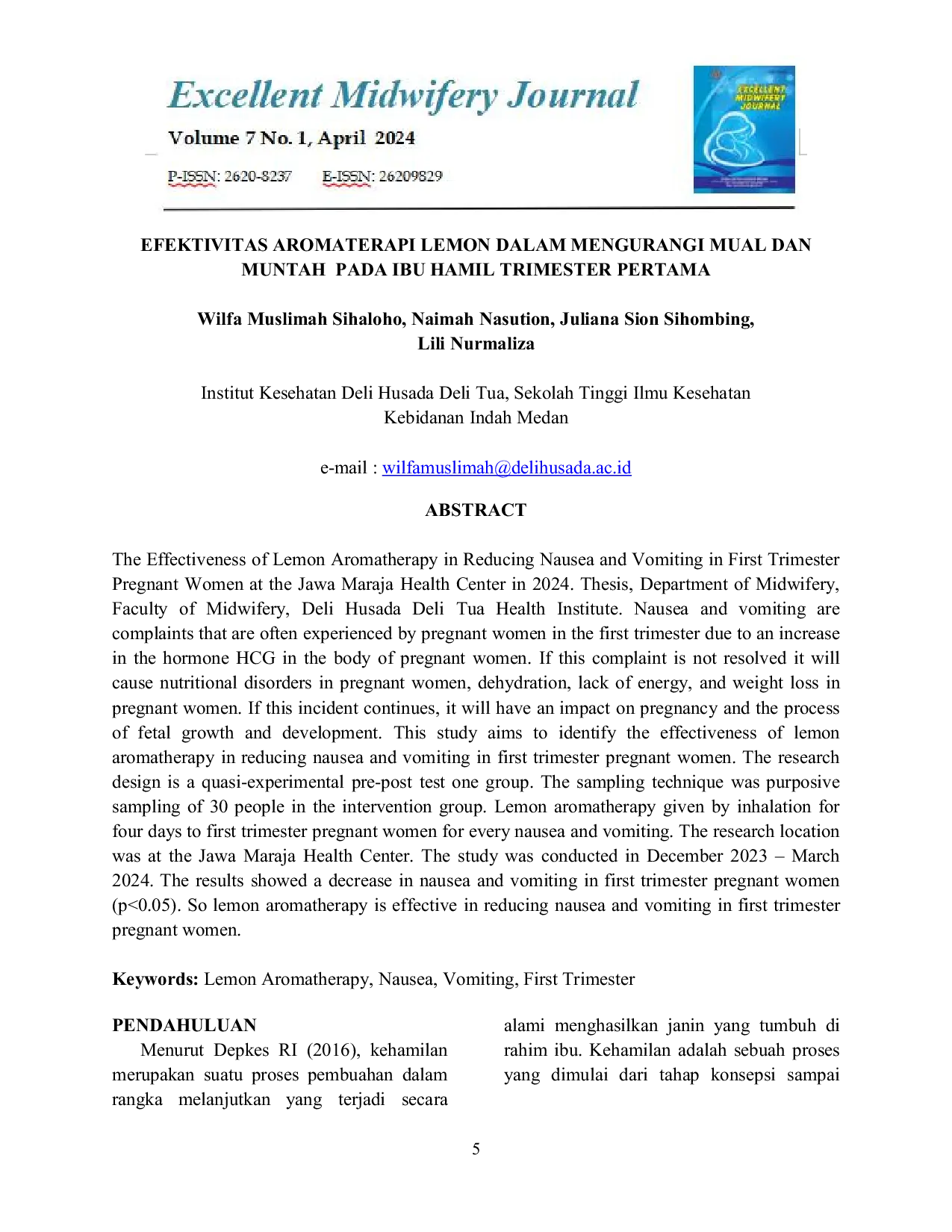 JURIS Efektivitas Aromaterapi Lemon Dalam Mengurangi Mual Dan Muntah Pada Ibu Hamil Trimester Pertama