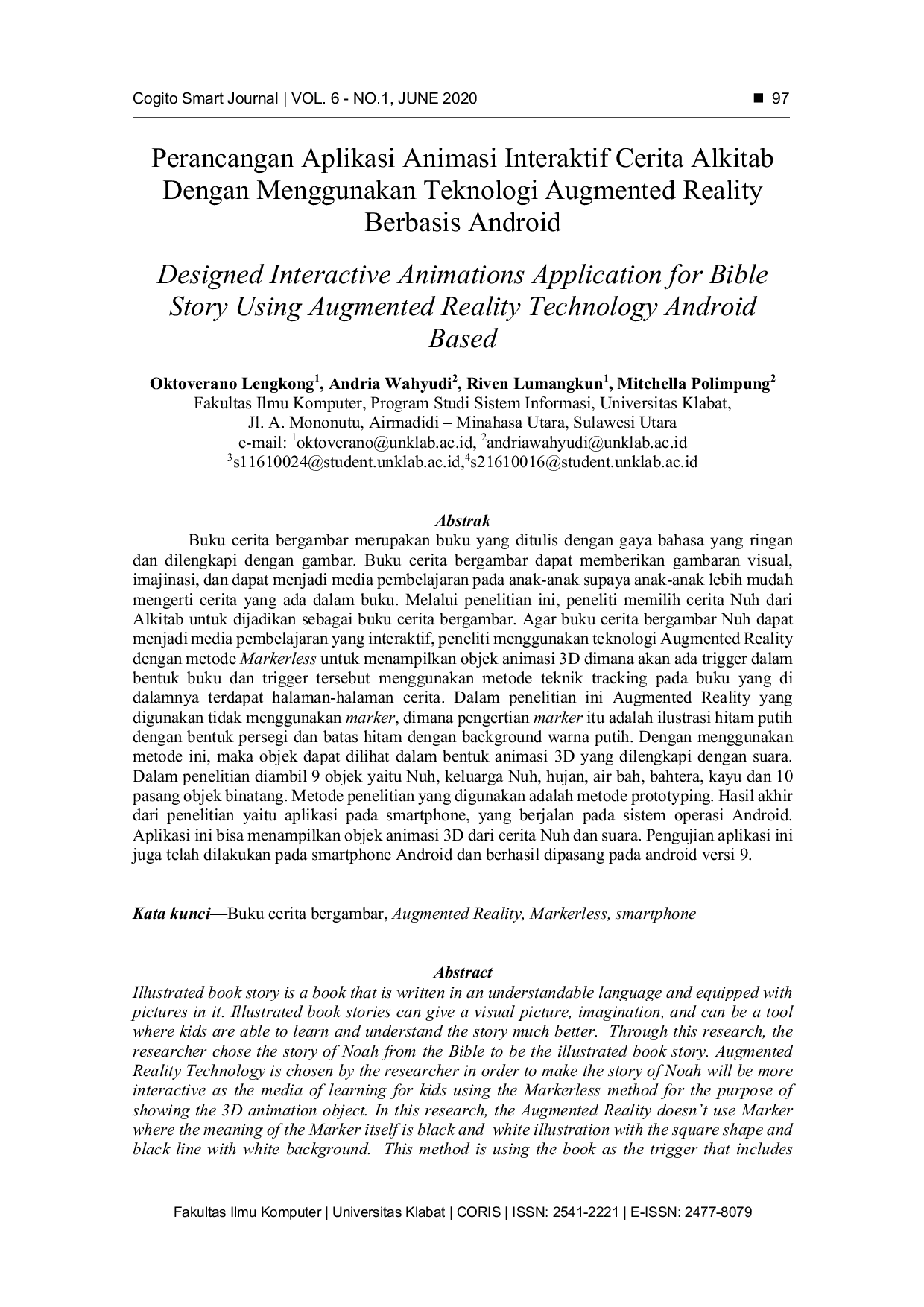 JURIS Perancangan Aplikasi Animasi Interaktif Cerita Alkitab Dengan Menggunakan Teknologi Augmented Reality Berbasis Android