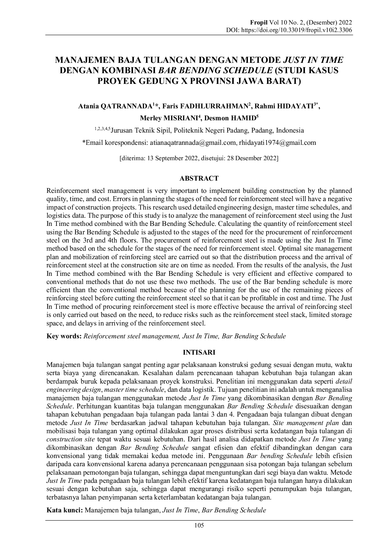 JURIS Manajemen Baja Tulangan dengan Metode Just In Time dengan Kombinasi Bar Bending Schedule Studi Kasus Proyek Gedung X Provinsi Jawa Barat