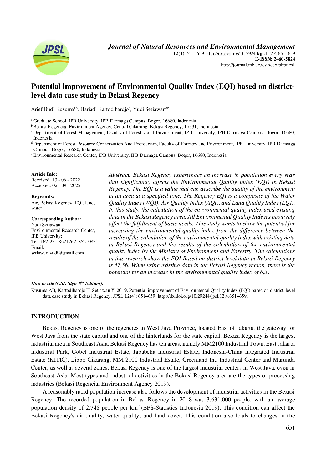 juris Potential Improvement of Environmental Quality Index EQI Based on District Level Data Case Study in Bekasi Regency