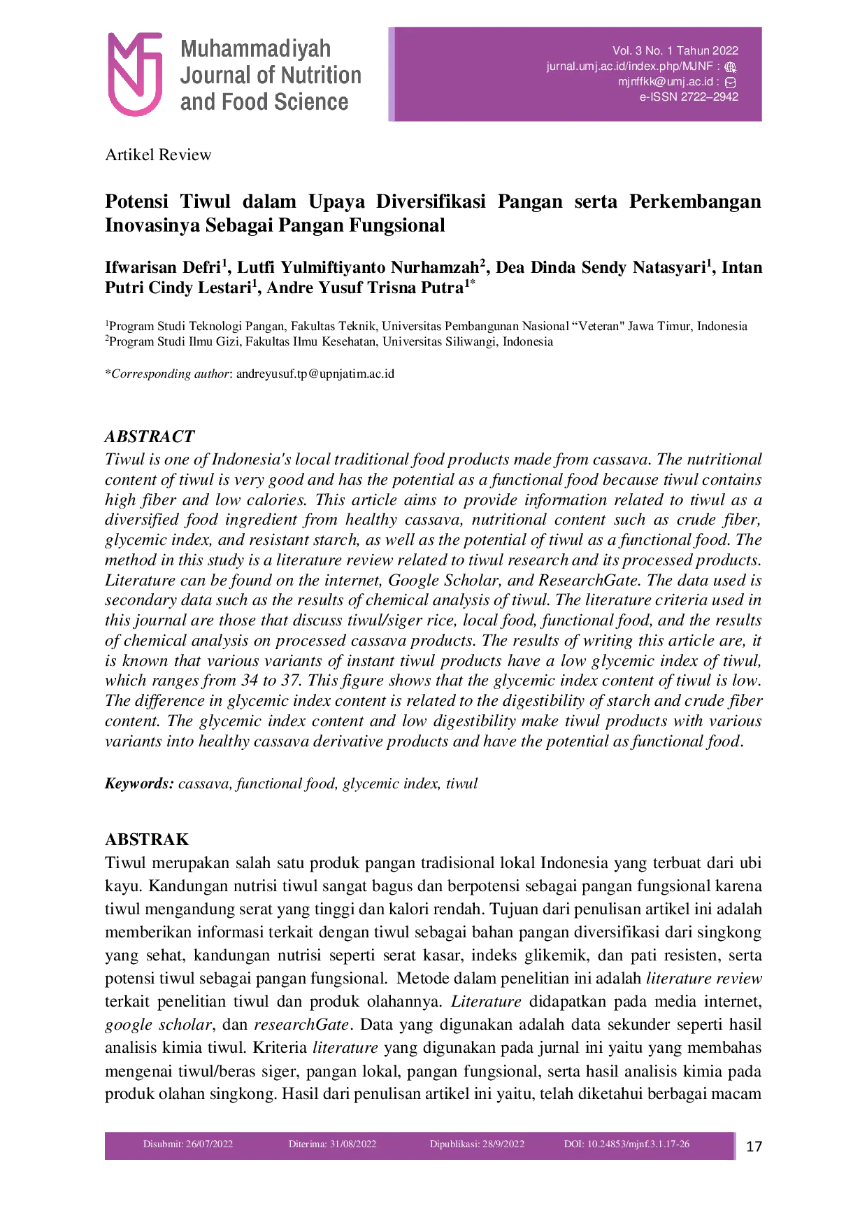 JURIS Potensi Tiwul dalam Upaya Diversifikasi Pangan serta Perkembangan Inovasinya Sebagai Pangan Fungsional