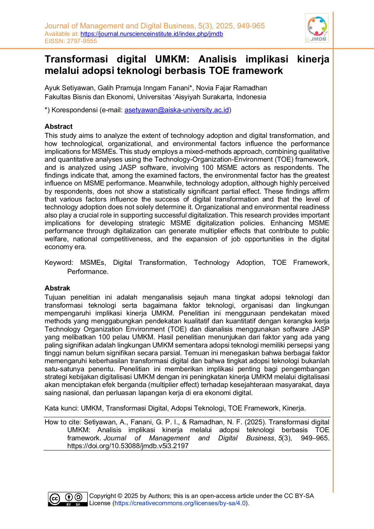 JURIS Transformasi digital UMKM Analisis implikasi kinerja melalui adopsi teknologi berbasis TOE framework
