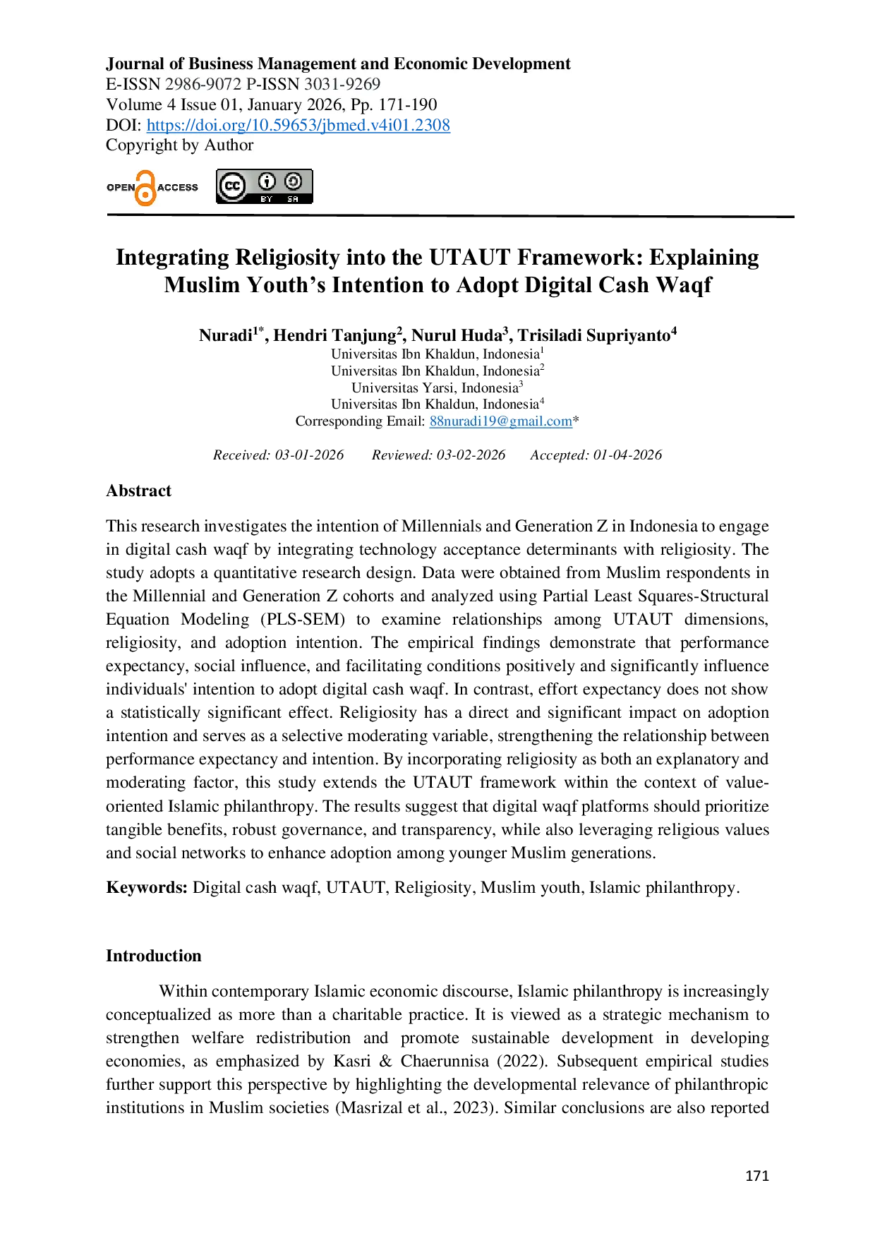 JURIS Integrating Religiosity into the UTAUT Framework Explaining Muslim Youth s Intention to Adopt Digital Cash Waqf