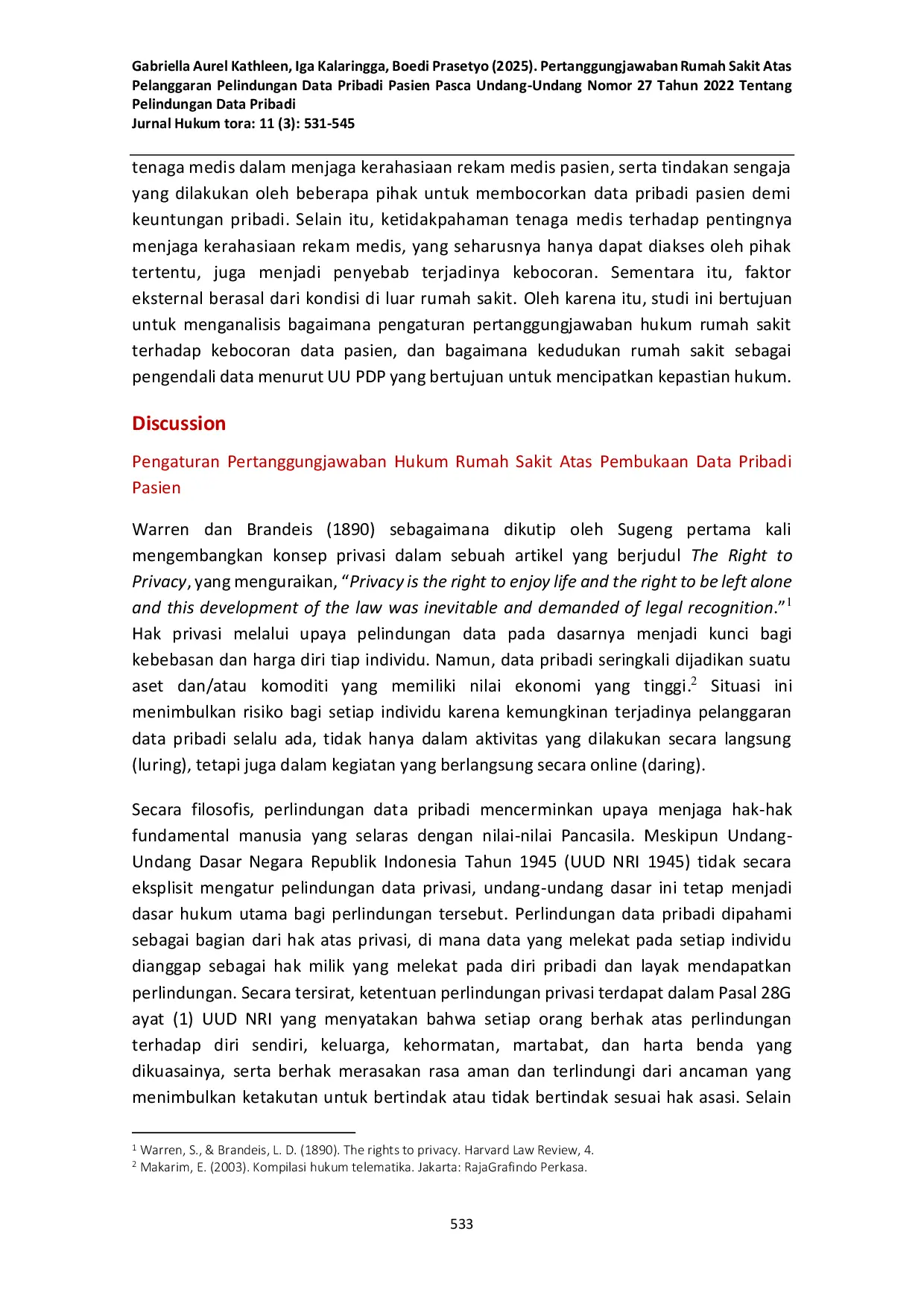 JURIS Pertanggungjawaban Rumah Sakit Atas Pelanggaran Pelindungan Data Pribadi Pasien Pasca Undang Undang Nomor 27 Tahun 2022 Tentang Pelindungan Data Pribadi