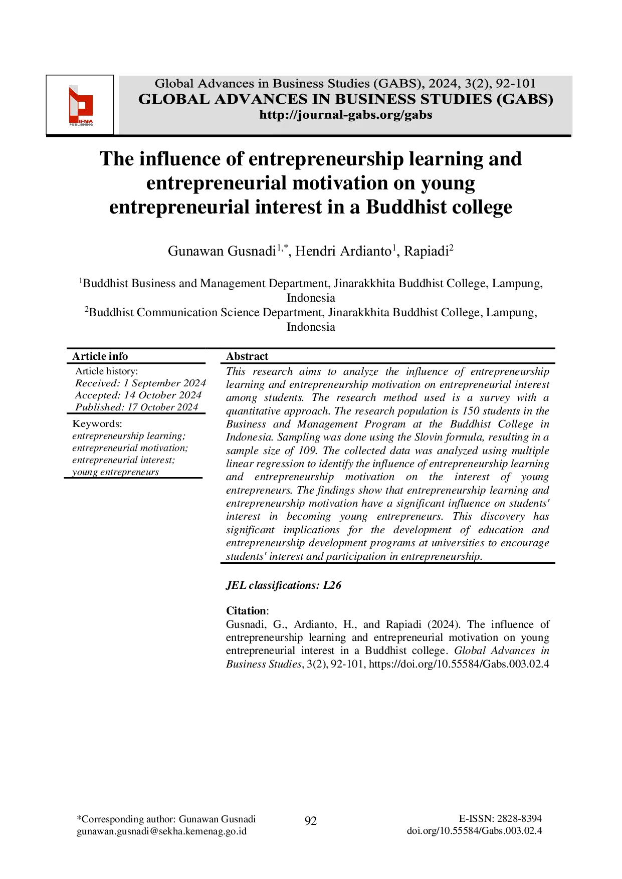 JURIS The influence of entrepreneurship learning and entrepreneurial motivation on young entrepreneurial interest in a Buddhist college