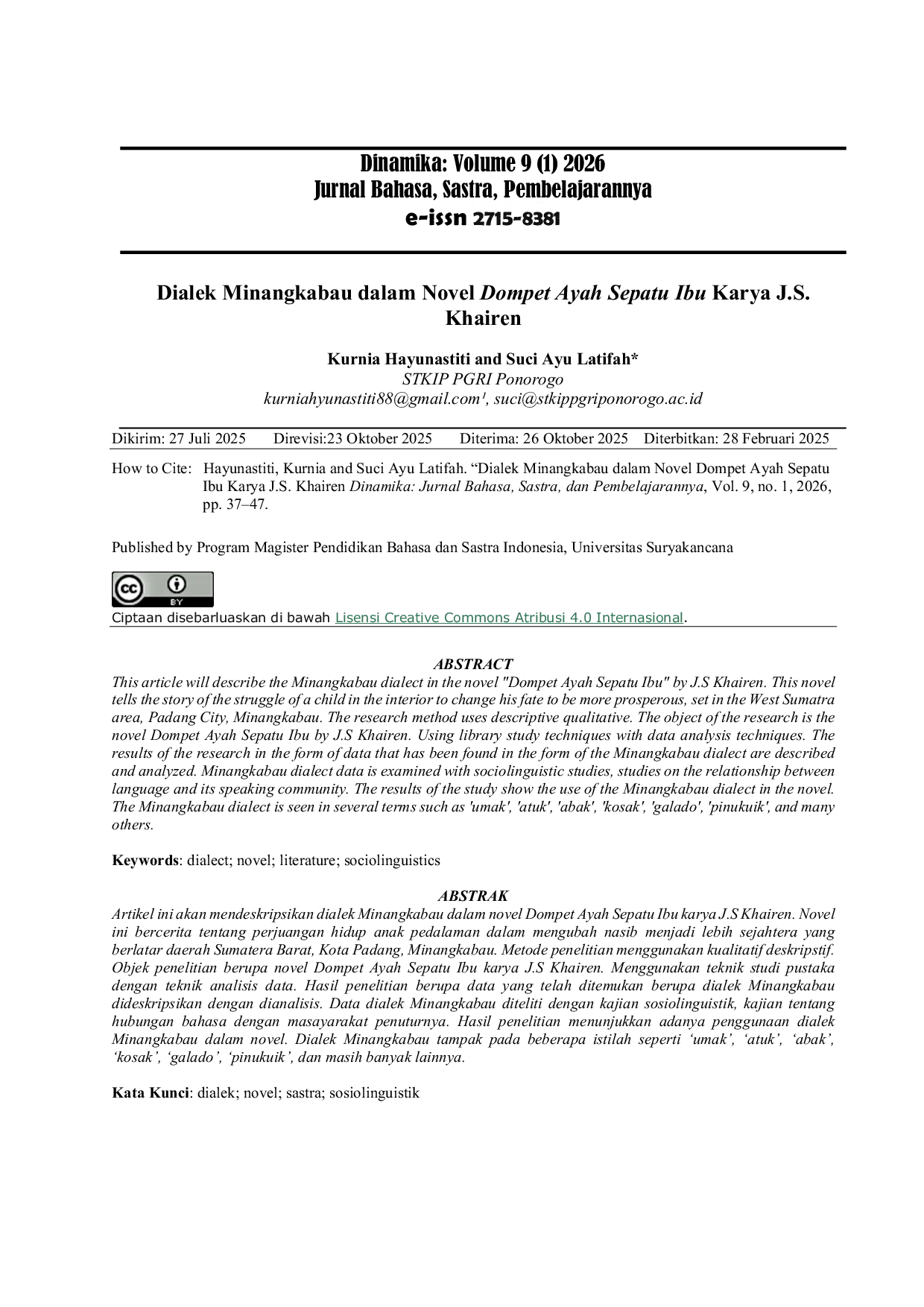 JURIS Dialek Minangkabau dalam Novel Dompet Ayah Sepatu Ibu karya J S Khairen