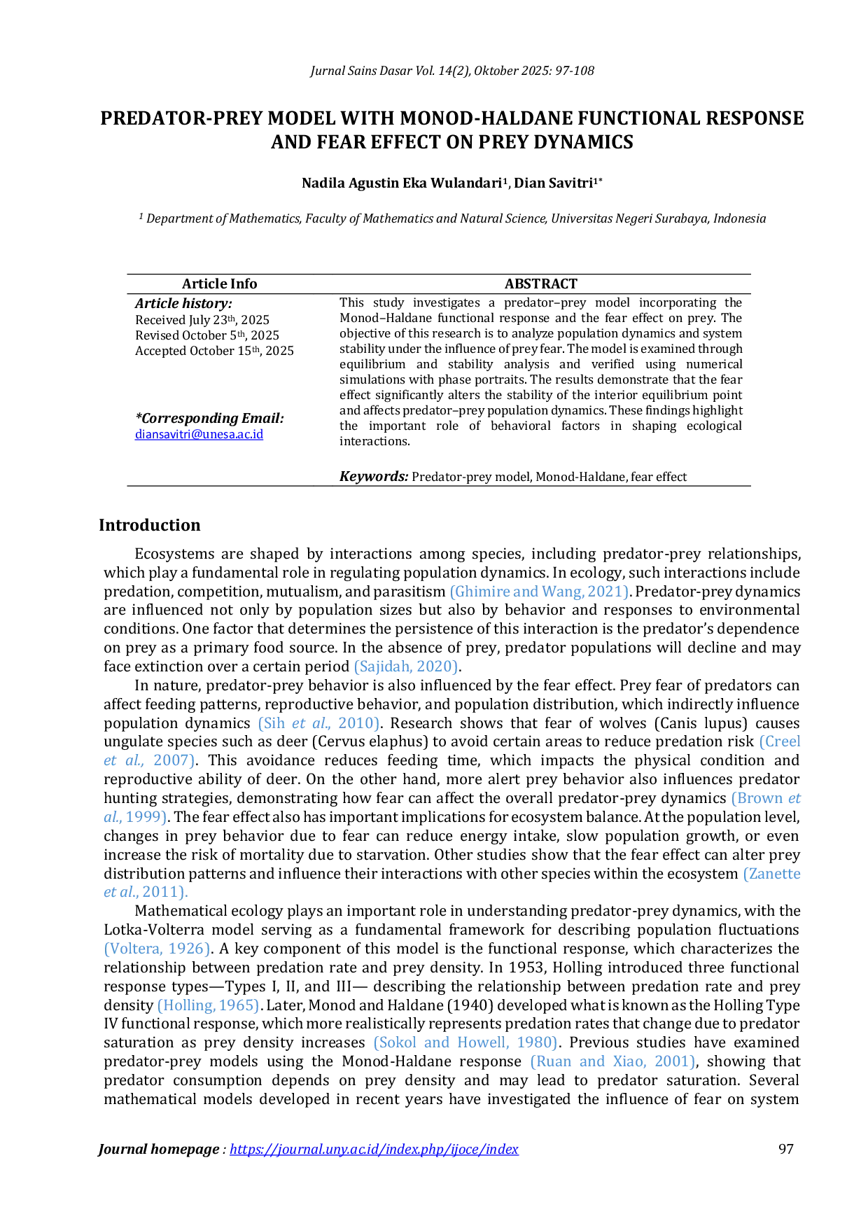 JURIS Predator prey Model with Monod Haldane Functional Response and Fear Effect on Prey Dynamics