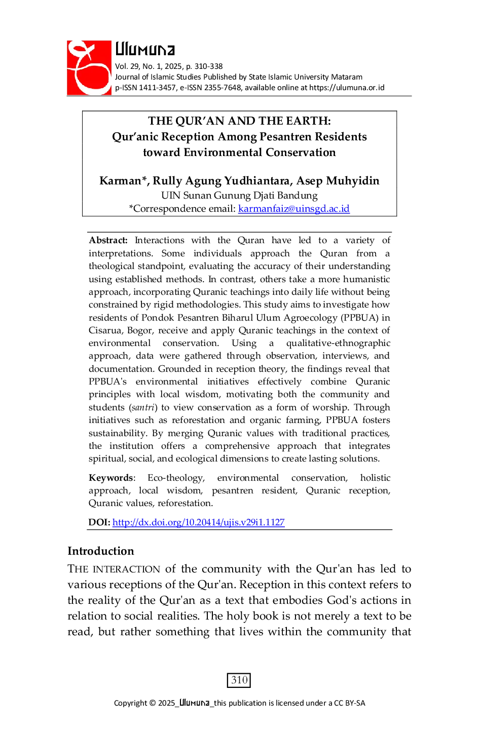 JURIS The Qur an and the Earth Qur anic Reception Among Pesantren Residents toward Environmental Conservation