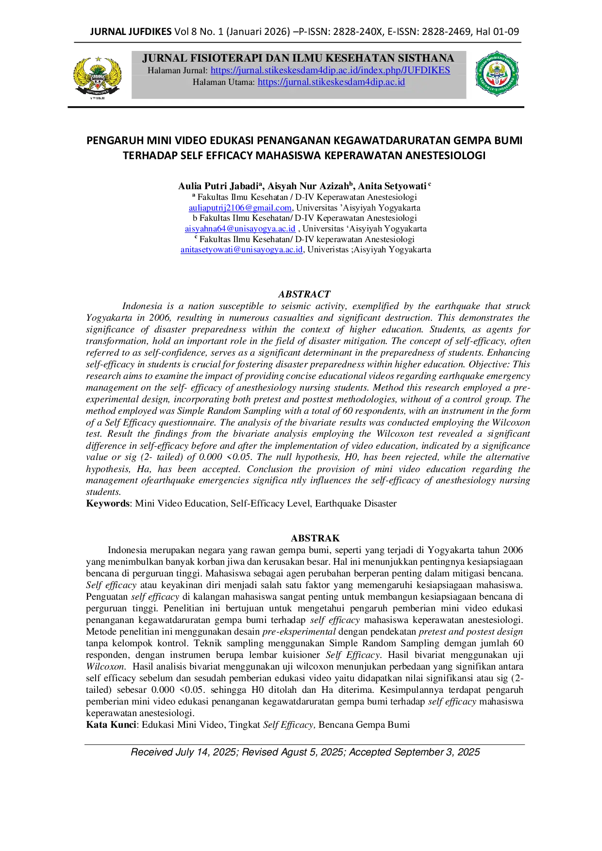 JURIS Pengaruh Mini Video Edukasi Penanganan Kegawatdaruratan Gempa Bumi Terhadap Self Efficacy Mahasiswa Keperawatan Anestesiologi