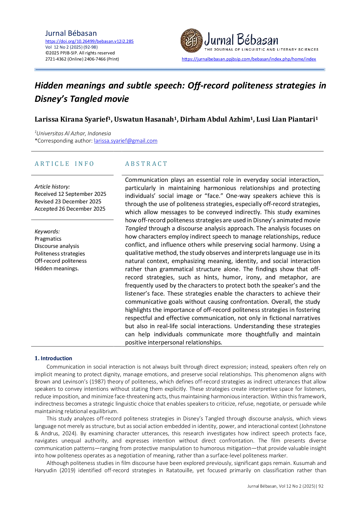 JURIS Hidden meanings and subtle speech Off record politeness strategies in Disney s Tangled movie