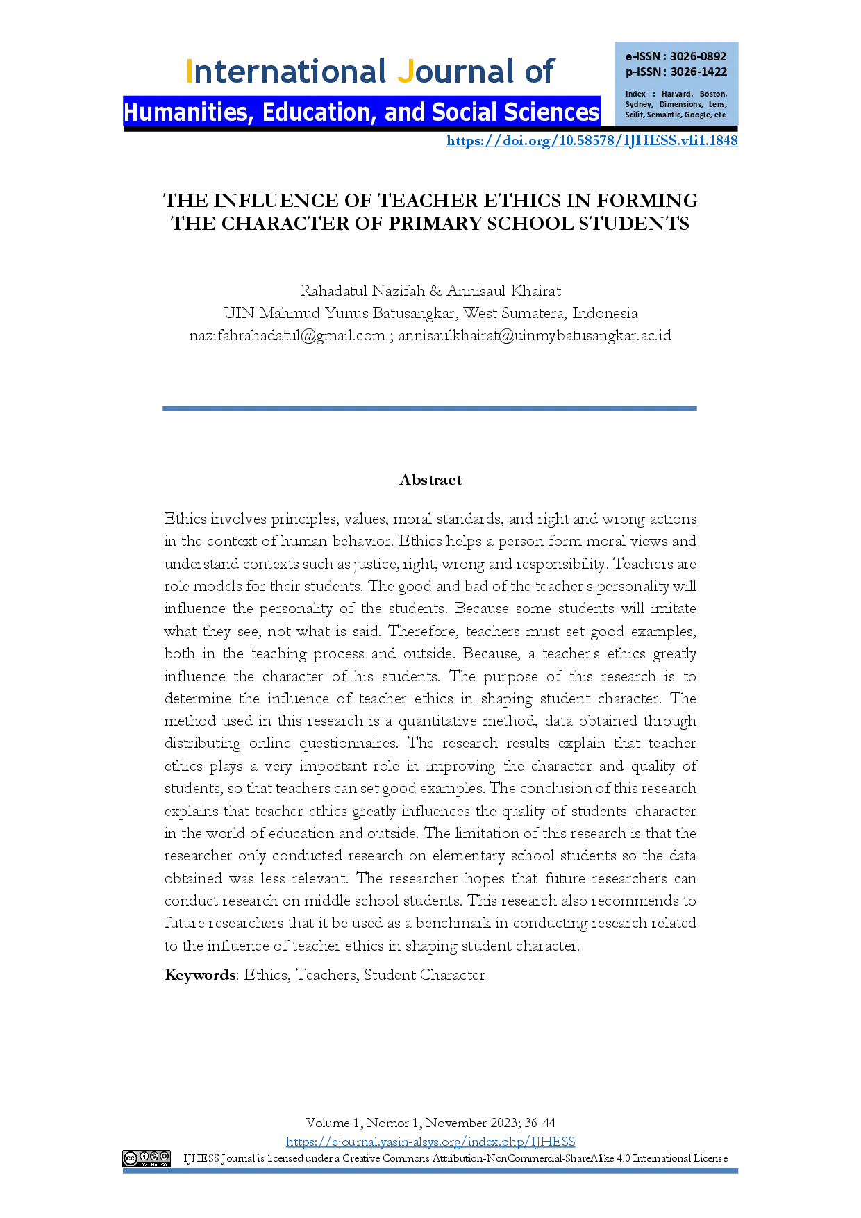 juris The Influence of Teacher Ethics in Forming the Character of Primary School Students