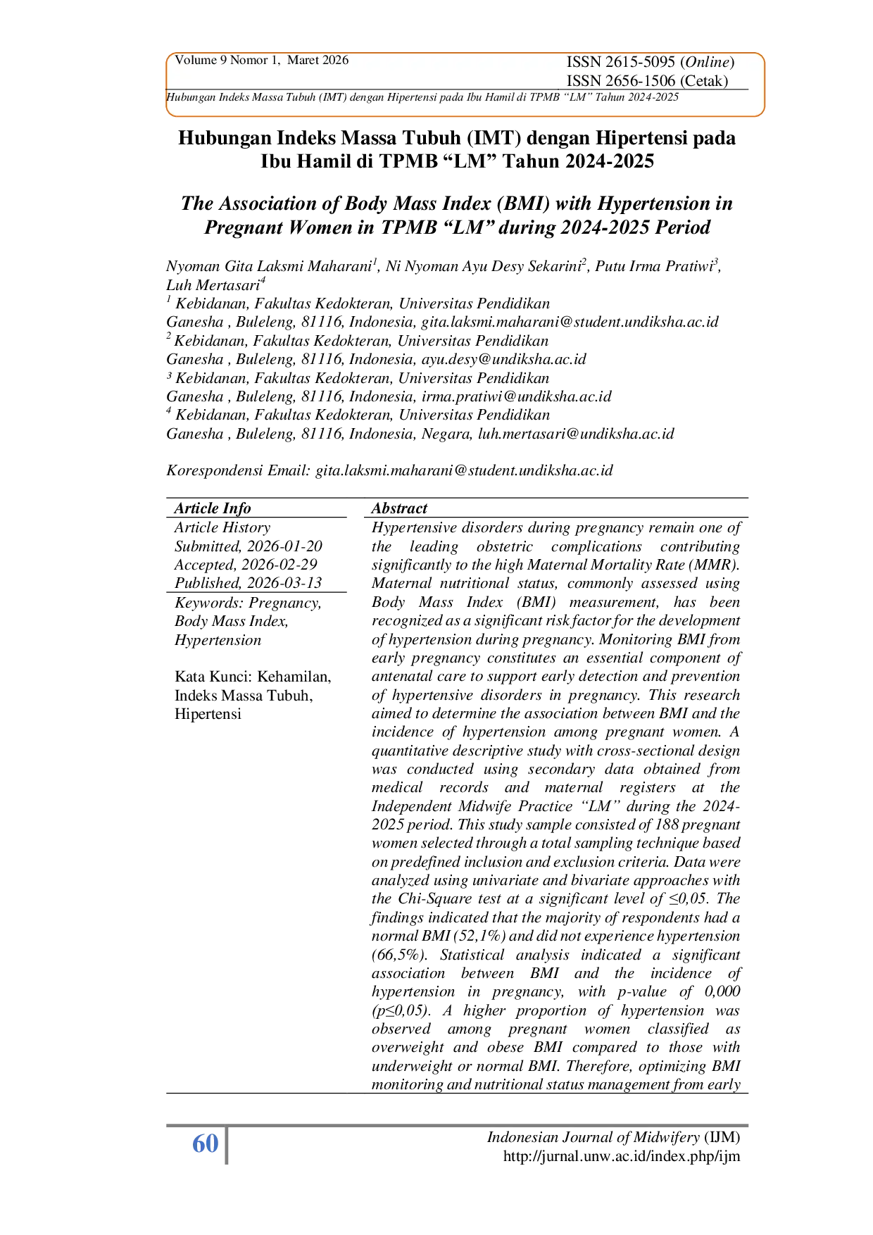 JURIS Hubungan Indeks Massa Tubuh IMT dengan Hipertensi pada Ibu Hamil di TPMB LM Tahun 2024 2025 The Association of Body Mass Index BMI with Hypertension in Pregnant Women in TPMB LM during 2024 2