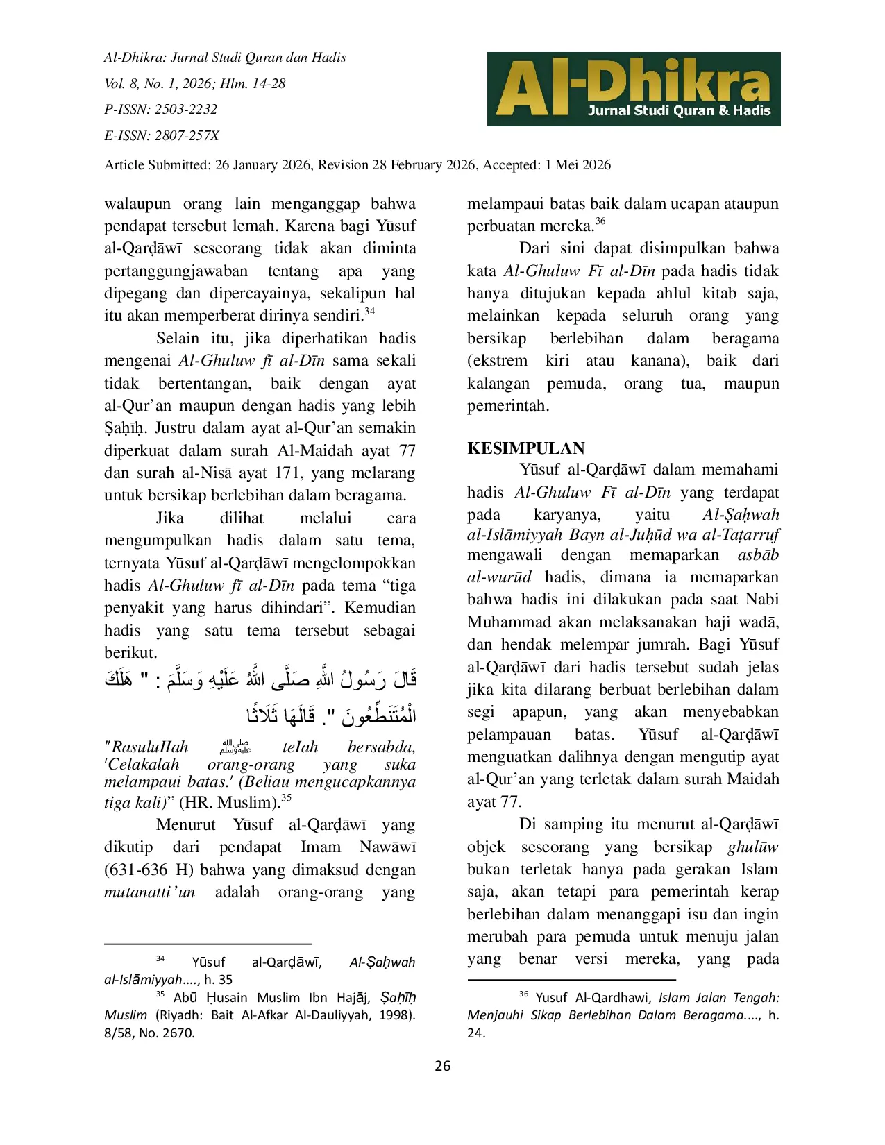 JURIS STUDI MATAN HADIS AL GHULUW F AL DN Telaah Atas Pemikiran Ysuf al QarsAw dalam Kitab Al auwah al IslAmiyyah