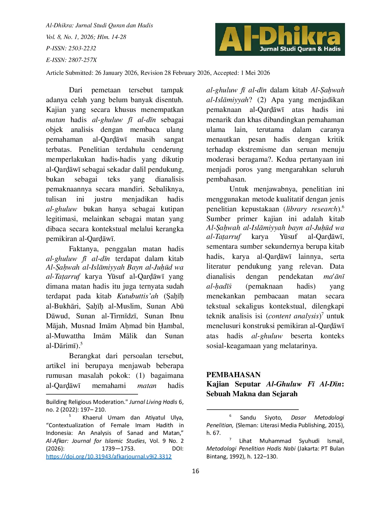 JURIS STUDI MATAN HADIS AL GHULUW F AL DN Telaah Atas Pemikiran Ysuf al QarsAw dalam Kitab Al auwah al IslAmiyyah