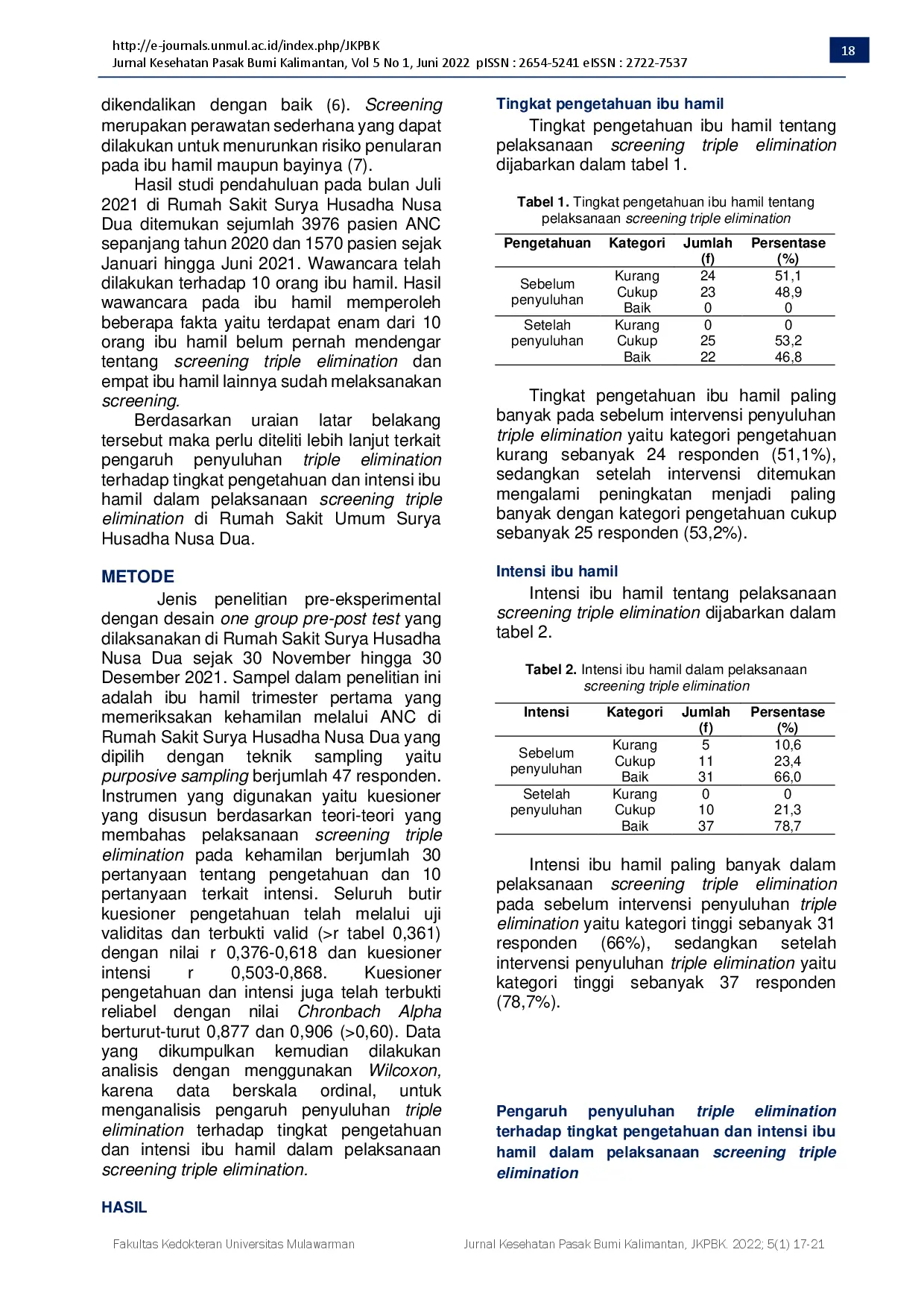 JURIS The Effect of Triple Elimination Health Education to Knowledge and Intention Level of Pregnant Women in Screening Triple Elimination Implementation