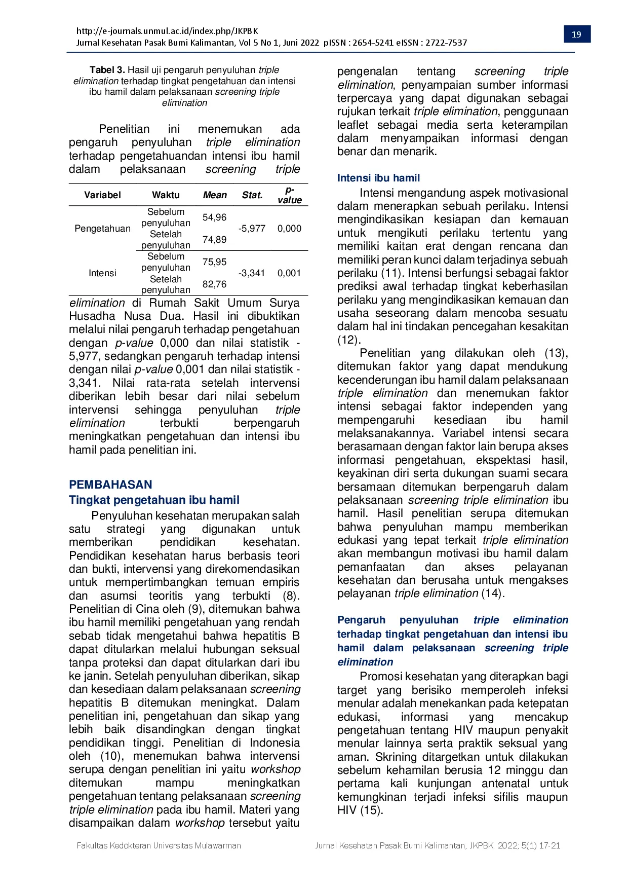 juris The Effect of Triple Elimination Health Education to Knowledge and Intention Level of Pregnant Women in Screening Triple Elimination Implementation