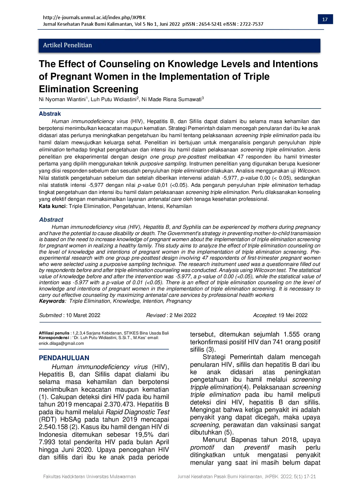 juris The Effect of Triple Elimination Health Education to Knowledge and Intention Level of Pregnant Women in Screening Triple Elimination Implementation