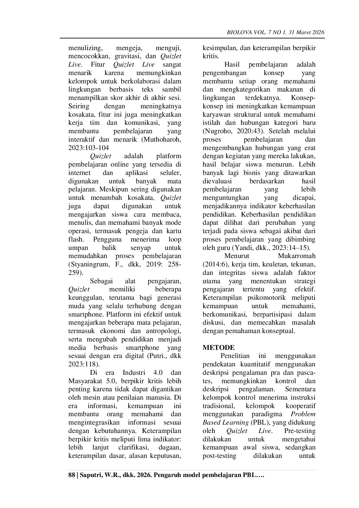 JURIS Pengaruh Model Pembelajaran Problem Based Learning Berbantuan Quizlet Live Terhadap Kemampuan Berpikir Kritis dan Hasil Belajar Siswa SMP Negeri 27 Samarinda