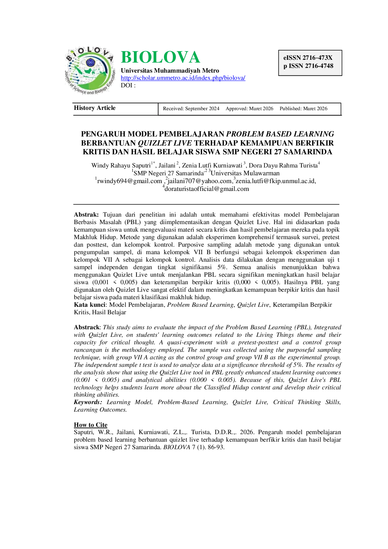 JURIS Pengaruh Model Pembelajaran Problem Based Learning Berbantuan Quizlet Live Terhadap Kemampuan Berpikir Kritis dan Hasil Belajar Siswa SMP Negeri 27 Samarinda